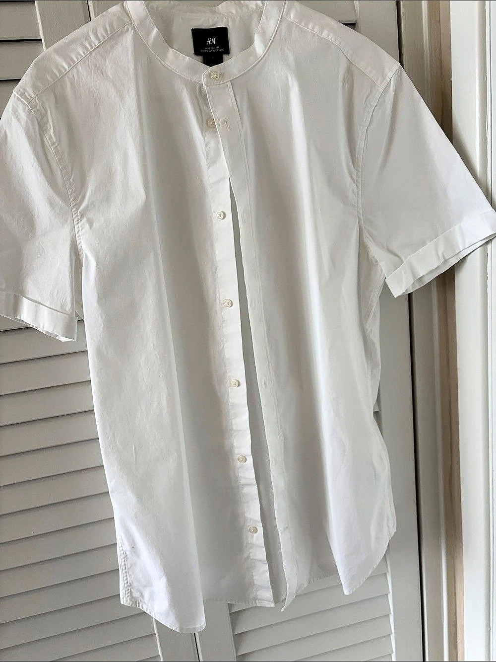 H&M Short-Sleeve Mandarin Collar Shirt Muscle Fit White Large